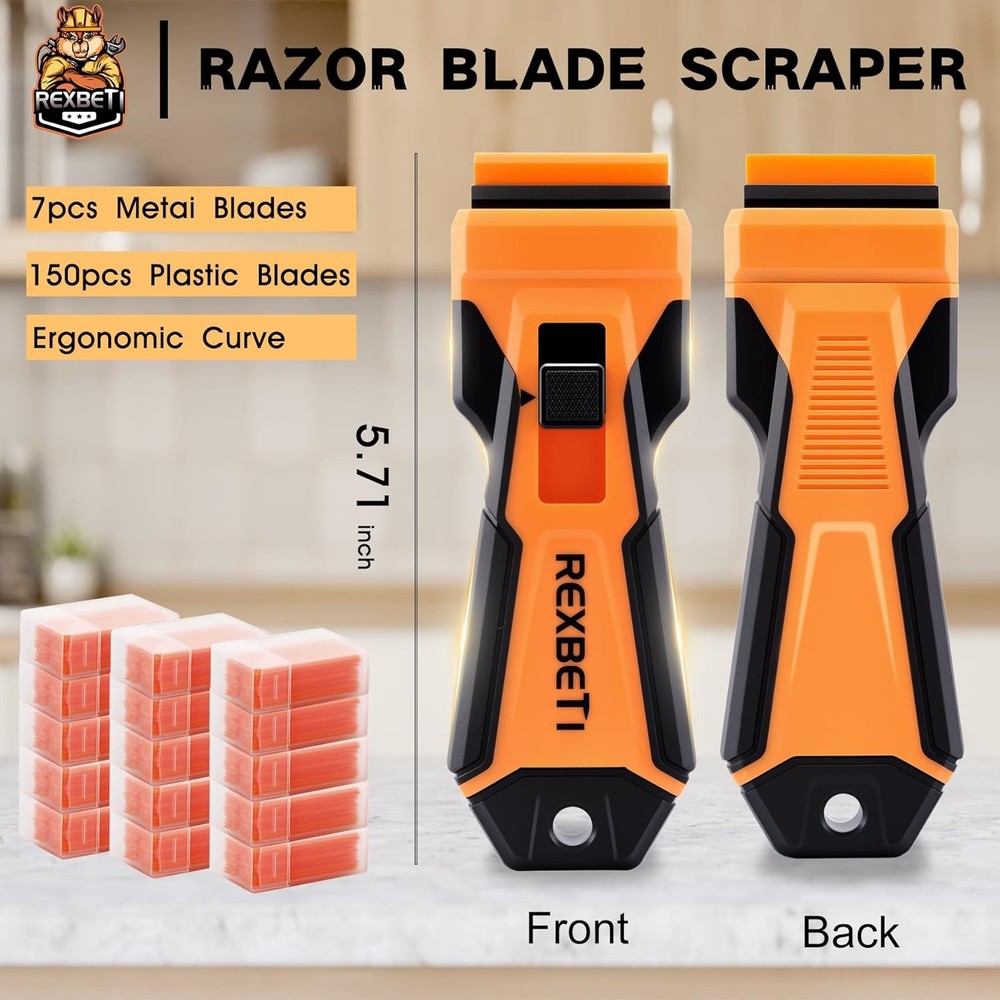 REXBETI Razor Blade Scraper Tool, 1 Pack Razor Scraper with Extra 157Pcs Razor B