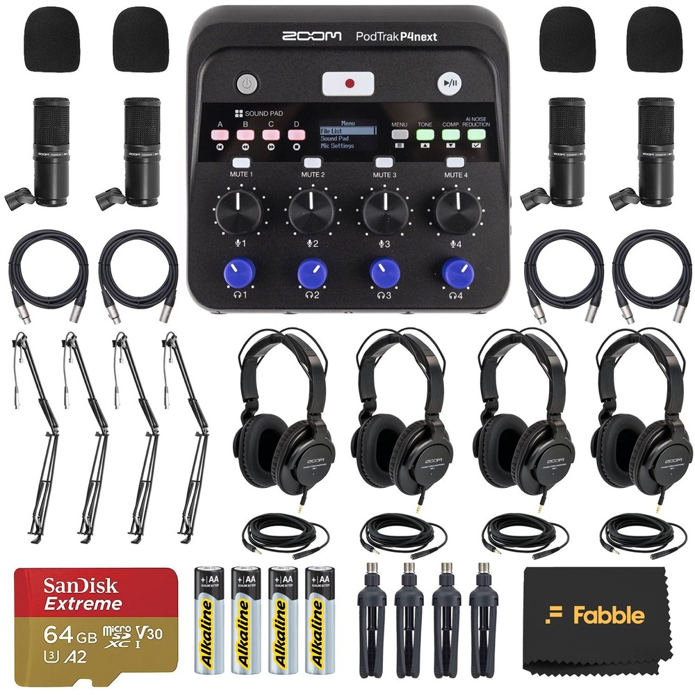 Zoom PodTrak P4next Portable Multitrack Podcast Recorder Bundle