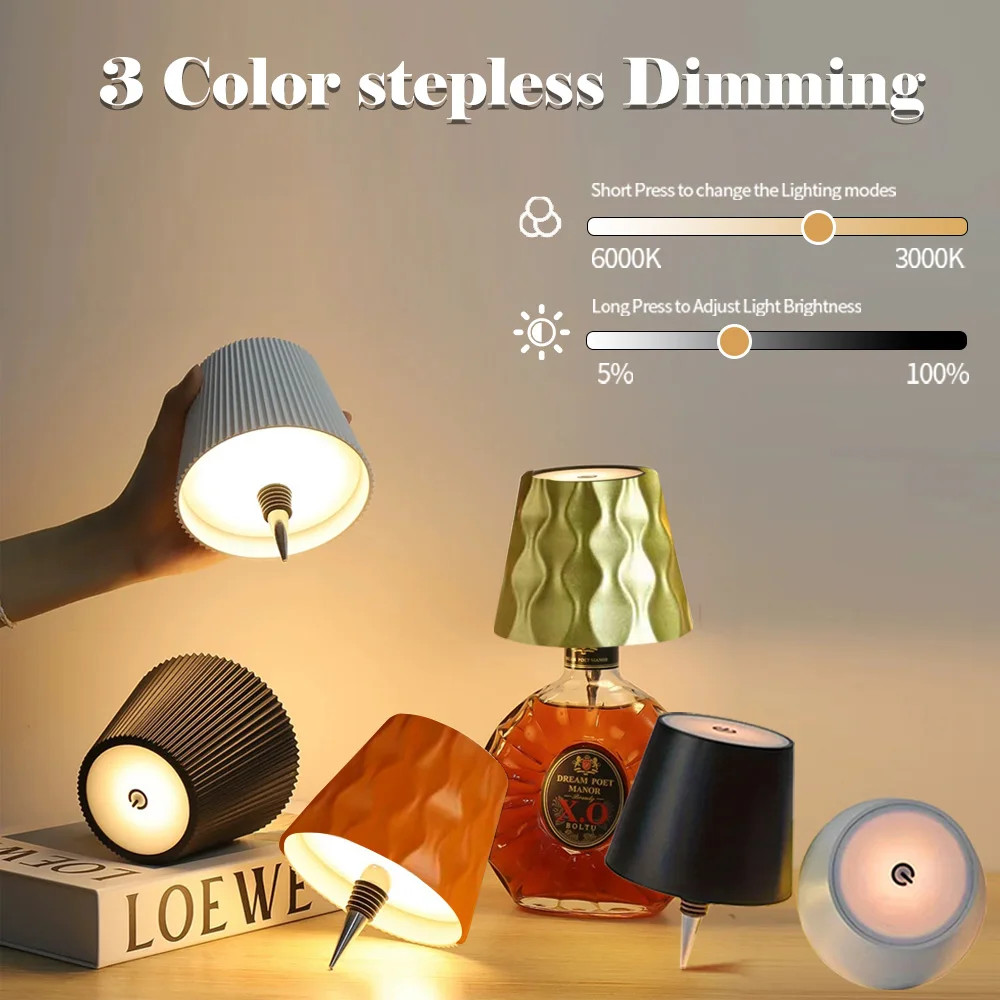 Wireless Wine Bottle Lamp Touch Control LED Table Light Type-C Rechargeable