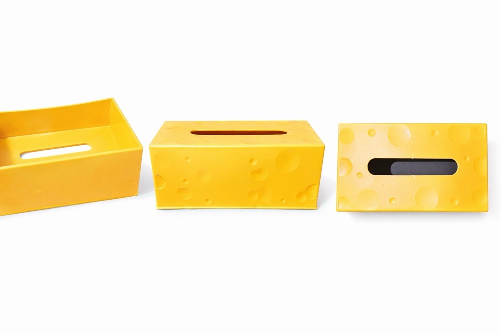 Yellow Plastic Cheese Block 3D Novelty Tissue Box Cover, Rectangular, Food Theme