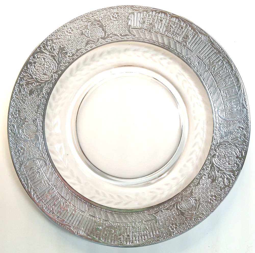 Vintage Glass Salad Plate Silver Etched Decorative Unique Design
