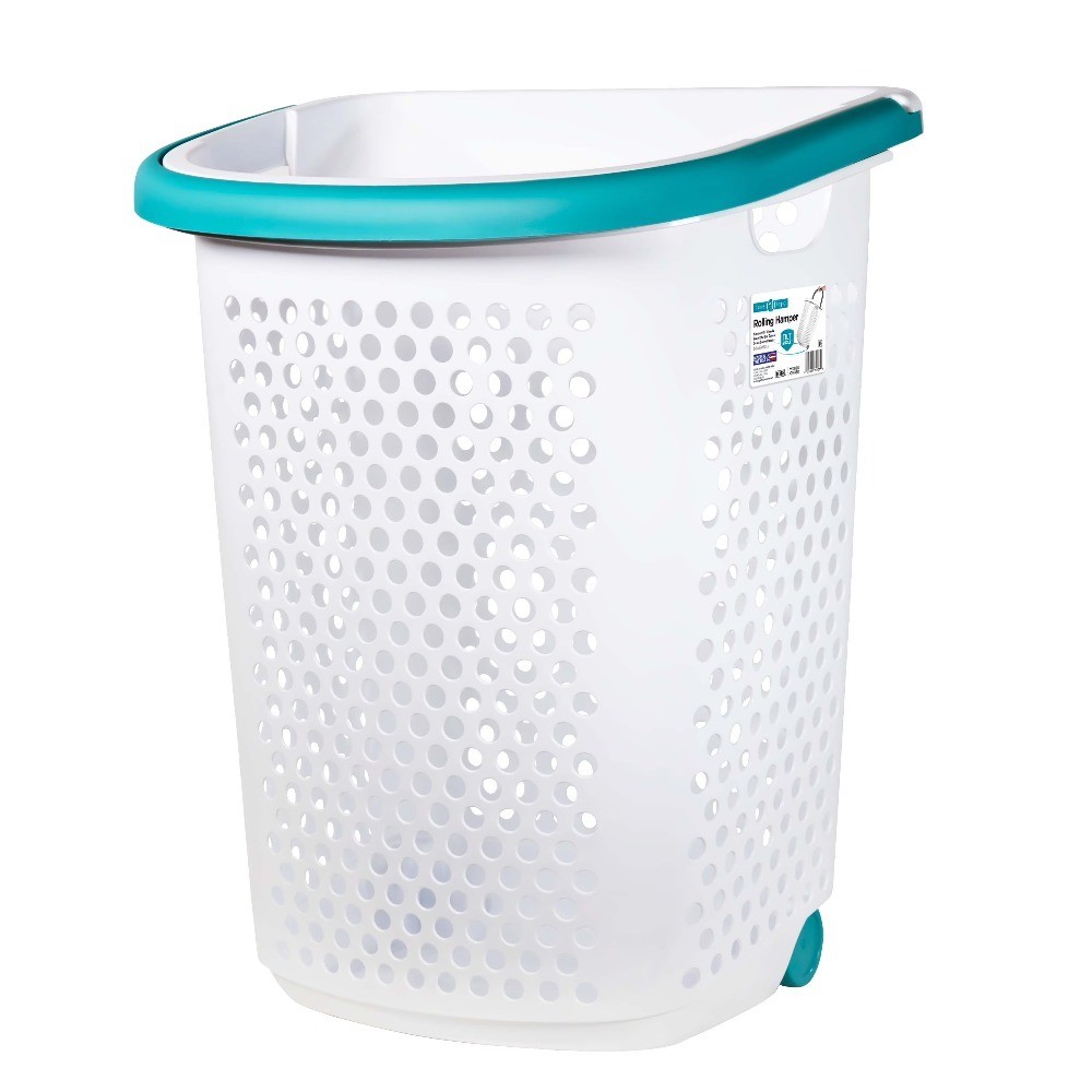 2 Bushel Rolling Plastic Laundry Hamper with Pop-up Handle, White, Adult