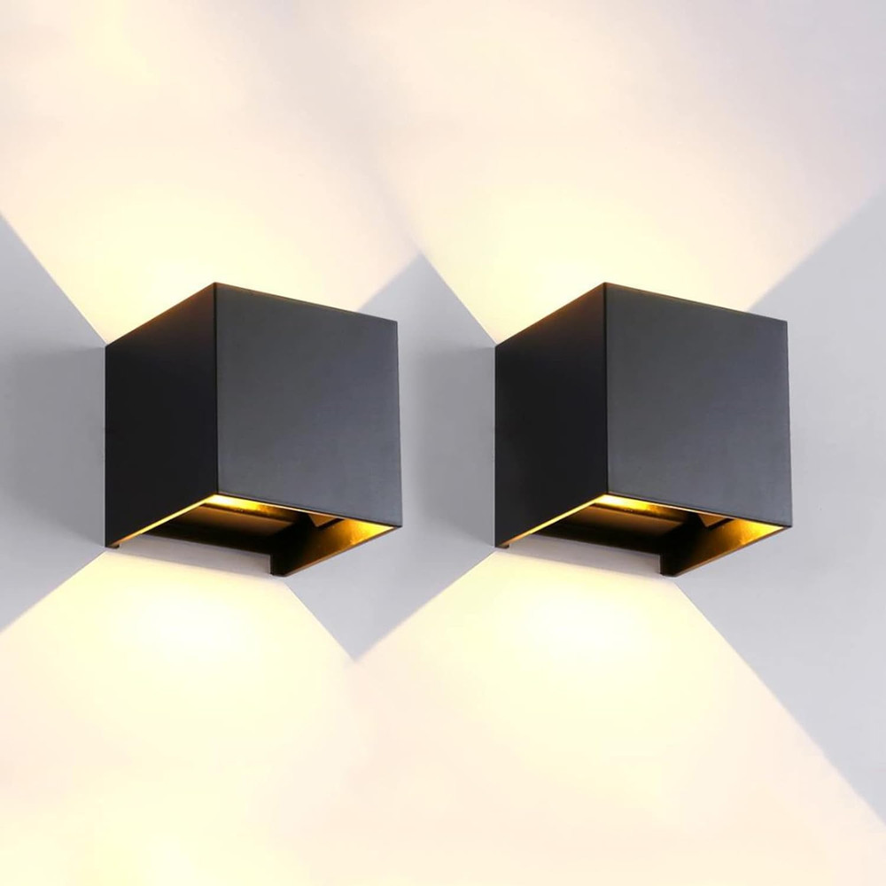 2 Pack LED Outdoor Wall Sconces - Waterproof Modern Black Up/Down Lights