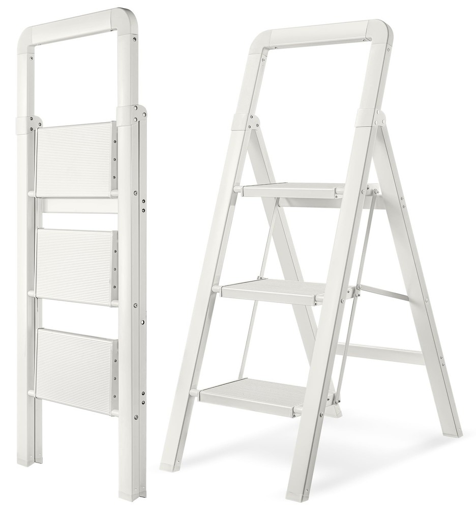 Step Ladder Folding 3Step White Finish Aluminum Foldable Step Ladders,AntiSli...
