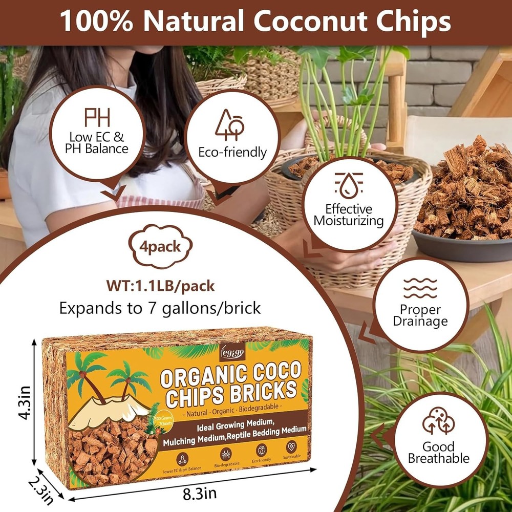 4 Pack Coco Coir Chips for Plants- 4.4 LB 100% Organic Coconut Chips