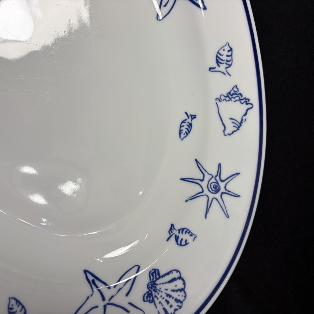 Serving Platter Elliot Bay Pattern White With Blue Seashell Fish & Trim 15”