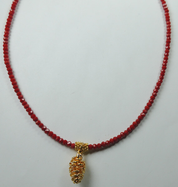 Statement Red Crystal Necklace with Gold Dipped Pine Tree Cone Handcrafted