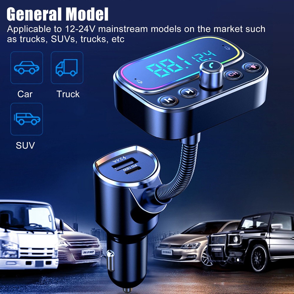 Bluetooth 5.0 Car Wireless FM Transmitter Adapter USB PD Charger Hands-Free