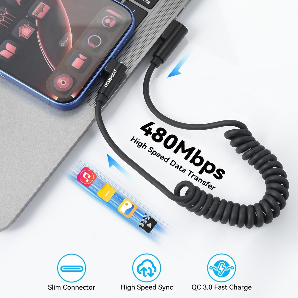 Coiled USB C Cable 90 Degree Right Angle Type C Charging Cord 2 Pack 31 In