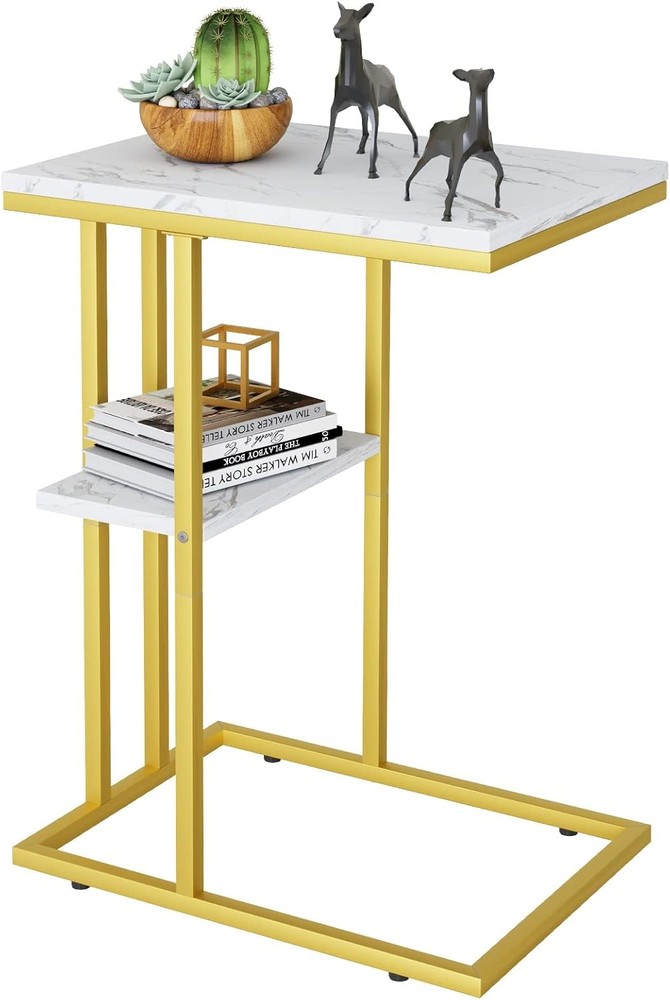 C Shaped End Table, Small Side Table for Couch and Bed, Gold