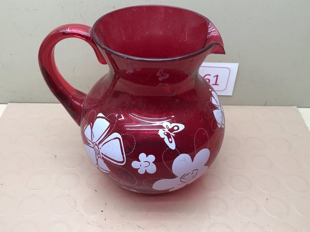 Vintage Red Clear Plastic Pitcher Retro Flower