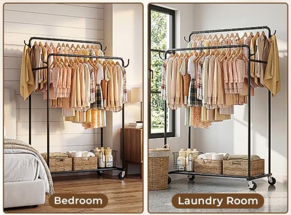 Portable Rolling Clothing Rack with Double Rods for Hanging Clothes