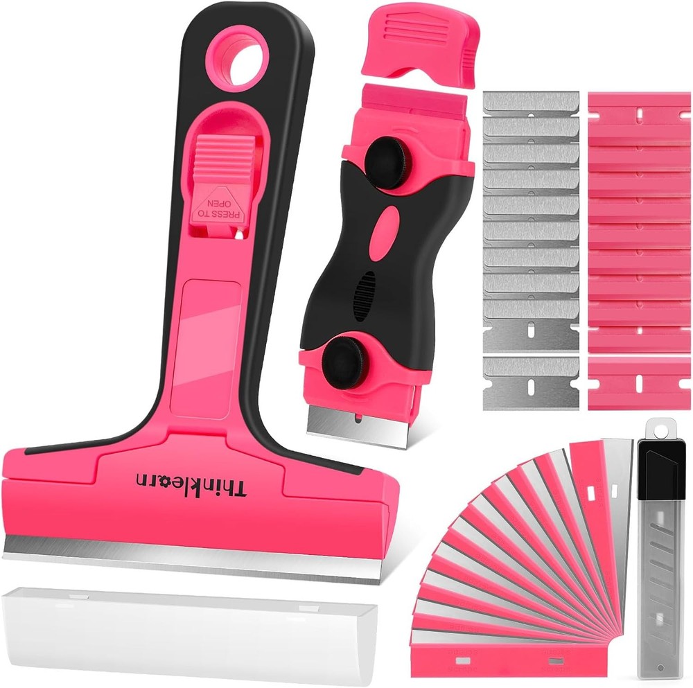 THINKLEARN Razor Blade Scraper Tool, 2Pcs Pink Razor Scraper with 40Pcs Replacem