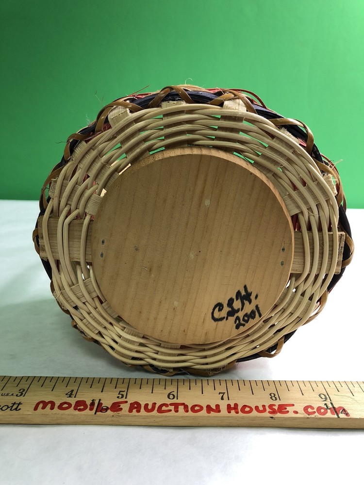 Set 3 Round Handled Woven Baskets Wood Nesting Large Medium Small Signed 2001