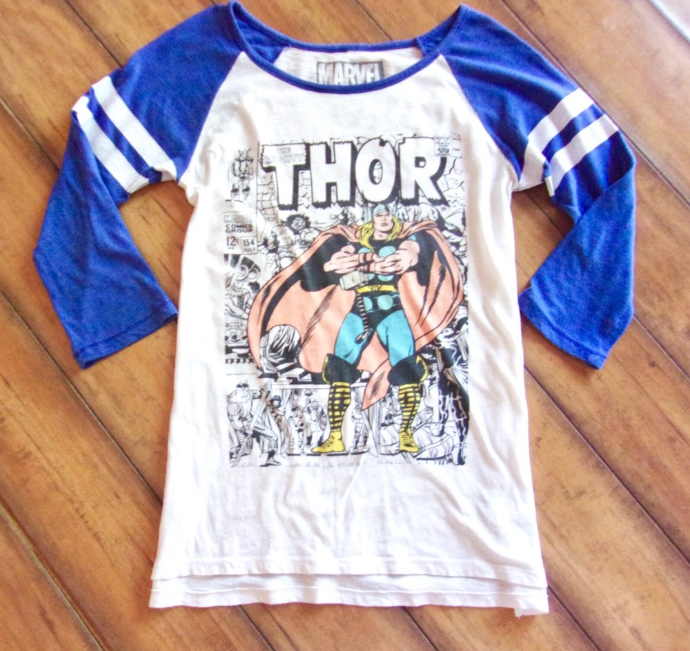 MARVEL COMICS ~ Size S ~ RARE! THE MIGHTY THOR Fitted Varsity Stripe T-Shirt a8