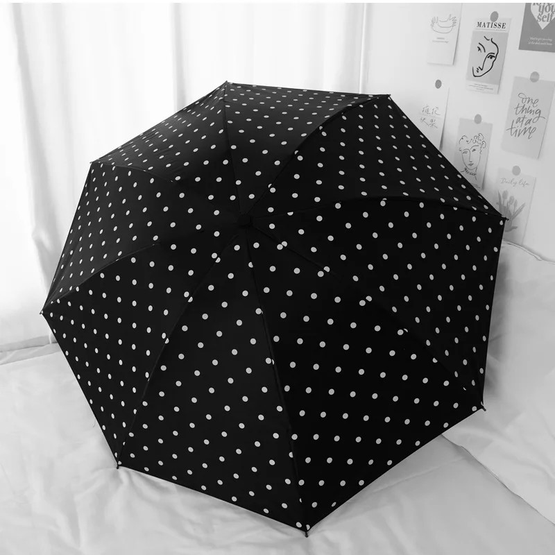 Automatic Folding Polka Dot Umbrella Black Coated Resistant Sunshade