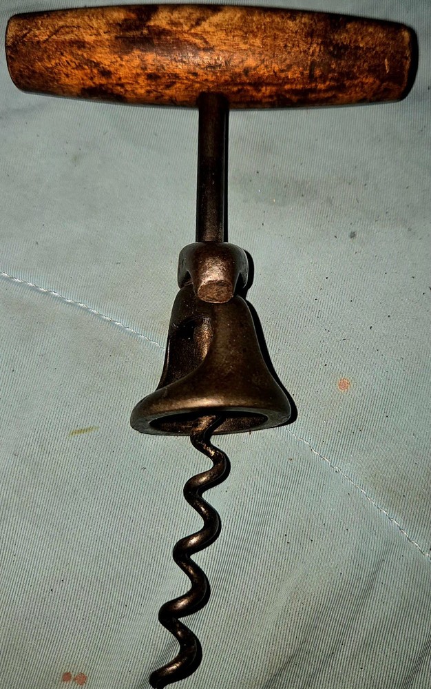 Antique Primitive Wood Handled Corkscrew with Open Bell Design 5.5” Long