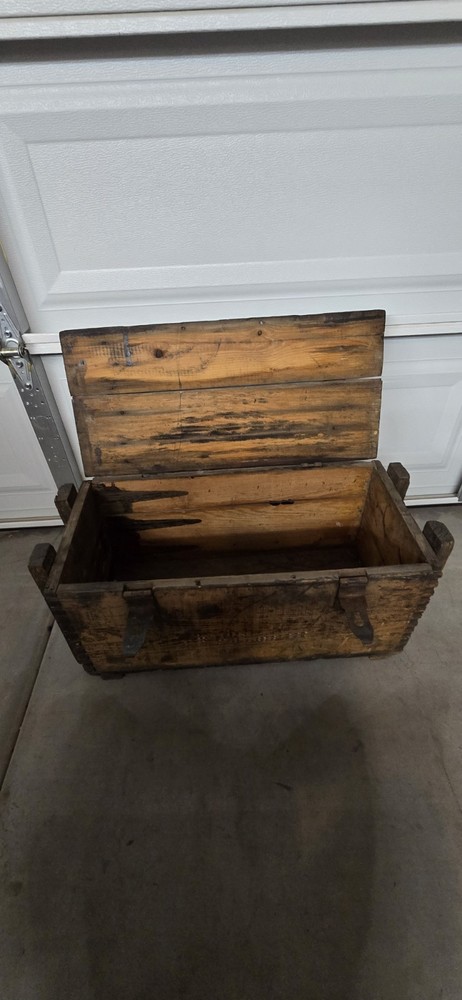 Antique Rectangular Wood Chest with Hinged Lid, Brown Metal Hardware