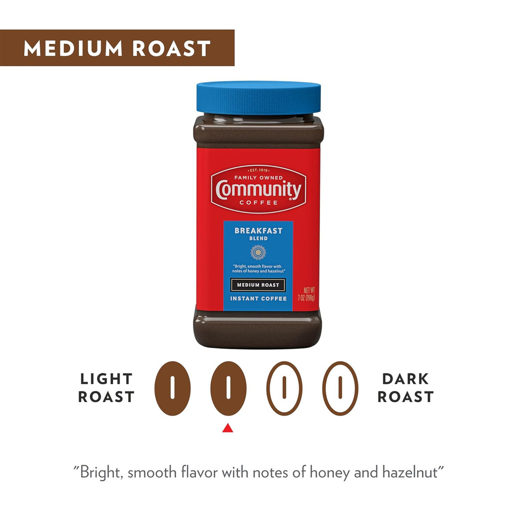 Community Coffee Breakfast Blend Instant Coffee, Medium Roast, 7 Oz Jar