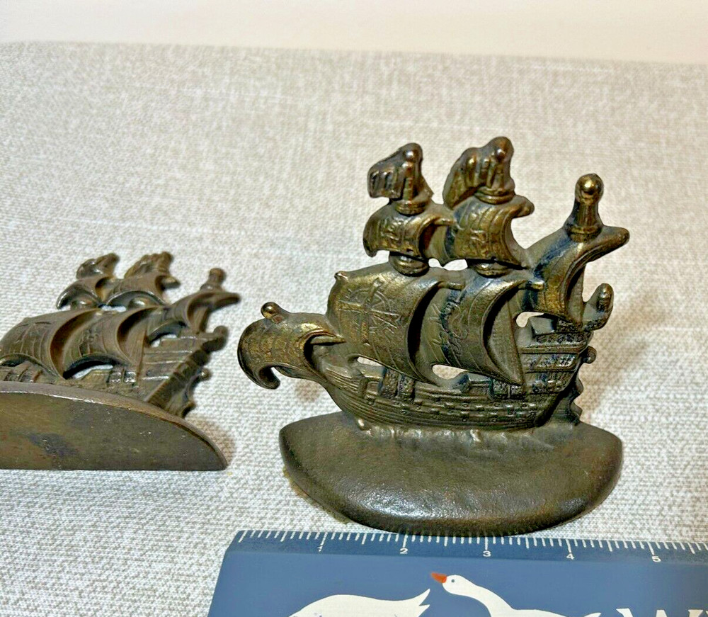 Vintage Solid Brass Pair of Ship Spanish Galleon Bookends