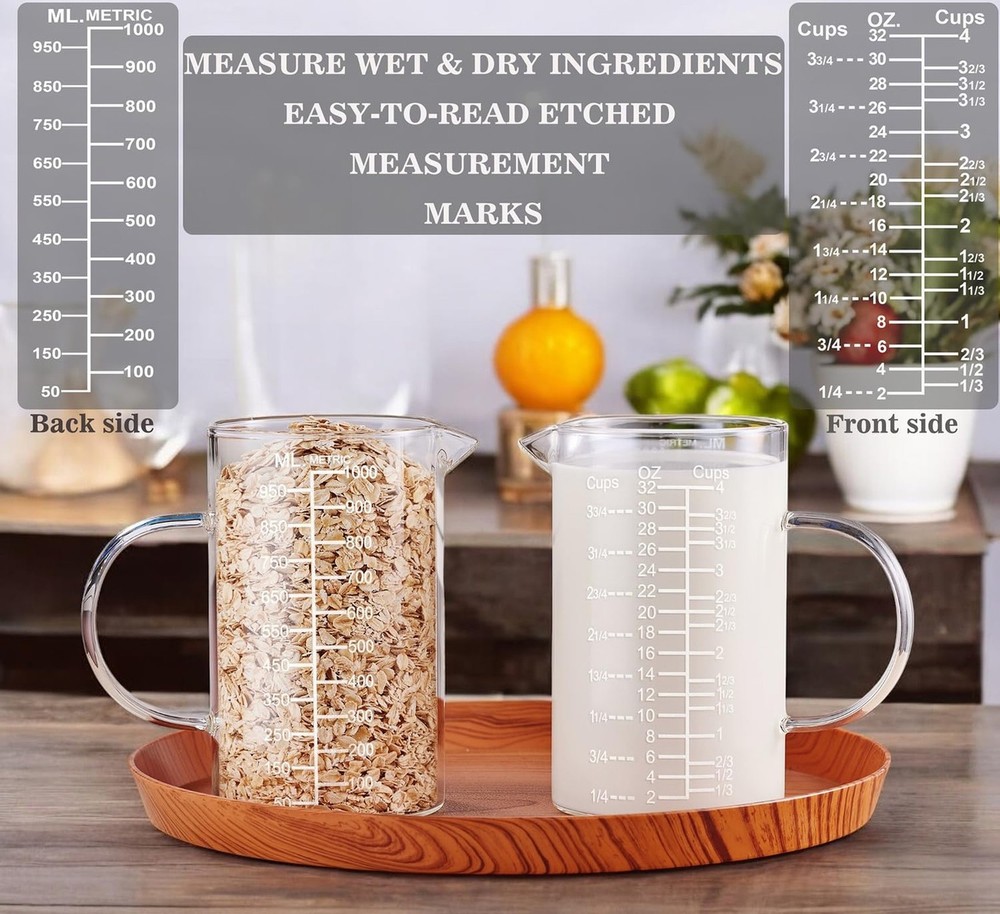 Ackers Etched Graduated Glass Measuring Cup - [Insulated Handle | V-Shaped Sp...