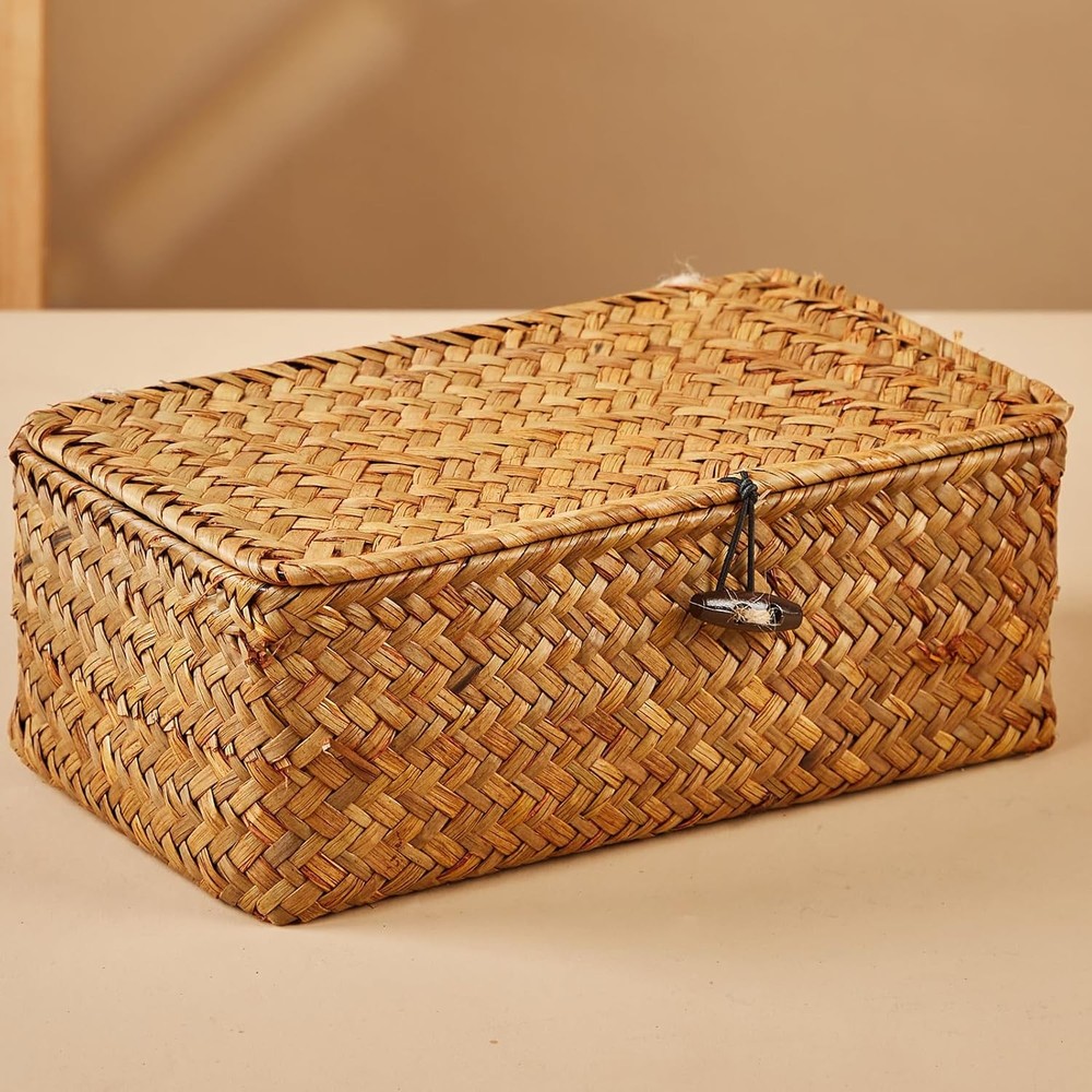 3pcs Handcrafted Storage Boxes Natural Seagrass Rectangular Basket Organizer Set