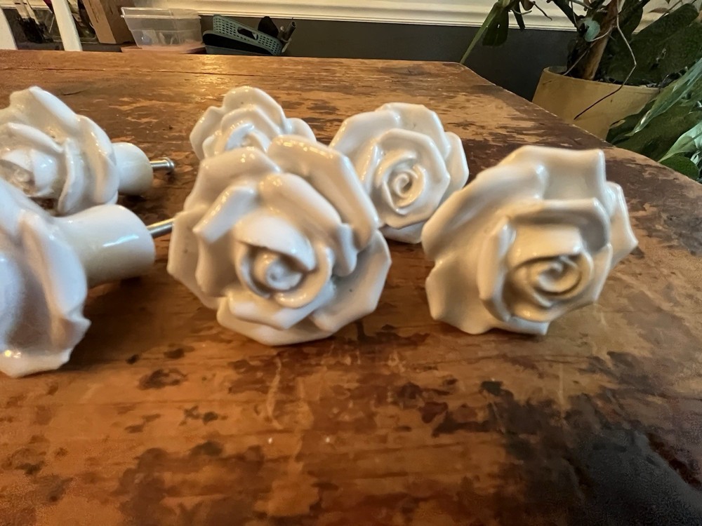 Ceramic White Rosebud Flower Drawer Pulls 7 Pieces 2” Shabby Boho