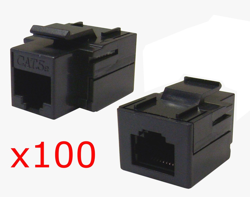 100 Pack - CAT5e Inline Coupler Keystone RJ45 Female Snap-In Jack Insert - Black