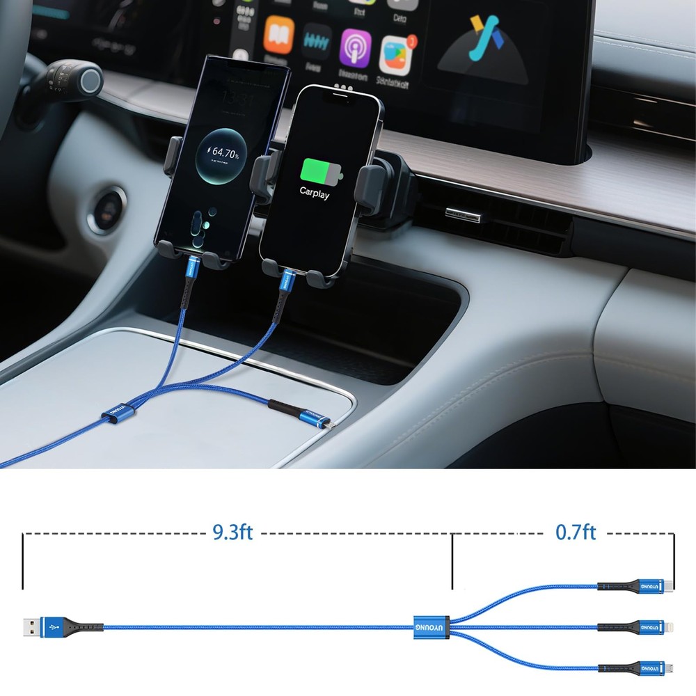 Multi Charging Cable 2Pack 10FT, 3 in 1 Charger Braided Blue
