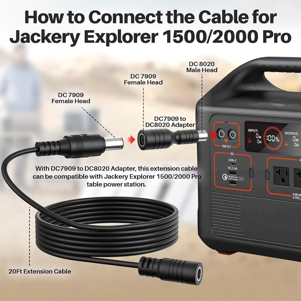20Ft 16AWG Extension Cable for Solar Panel Adapter, Fits Most below 200W