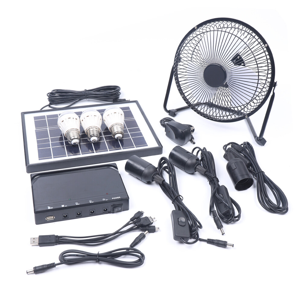 Solar Power Panel Kit Outdoor Camping USB Charging System W/ LED Light & 8" Fan