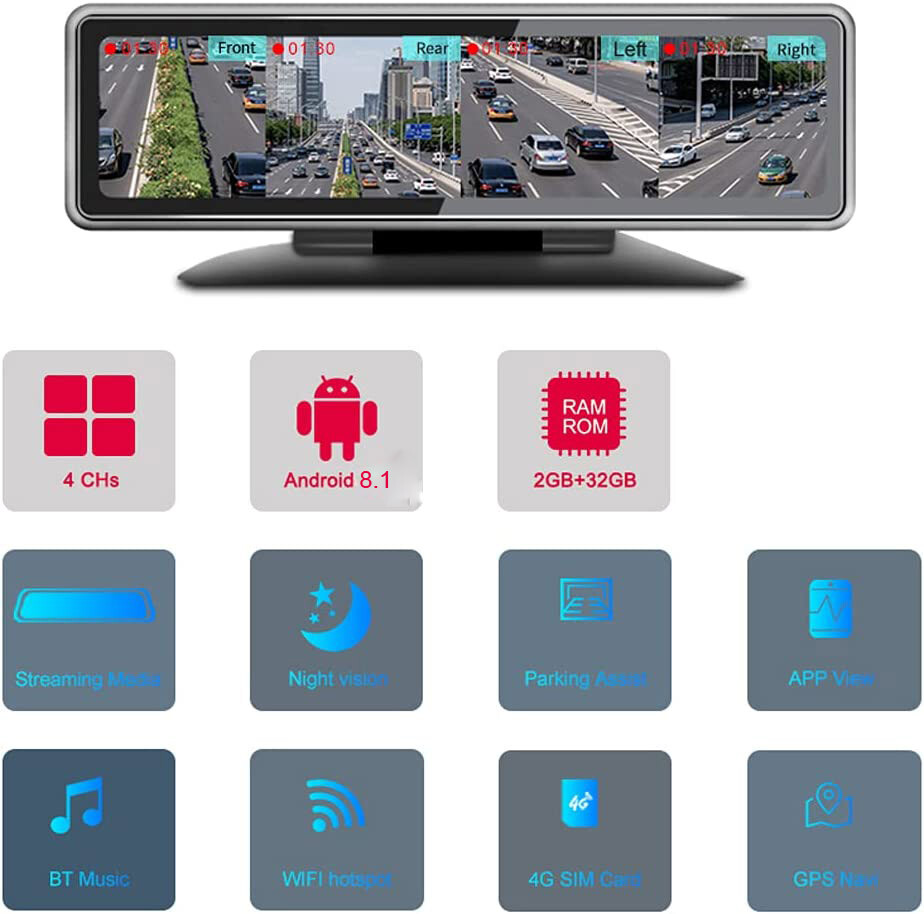 4 cameras recording Android 8.1 mirror dash camera video recorder dashboard DVR