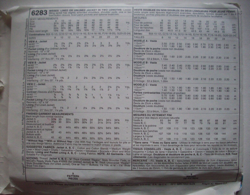 Cut to Fit Jackets pattern 6283 size 10 12 14 UNCUT