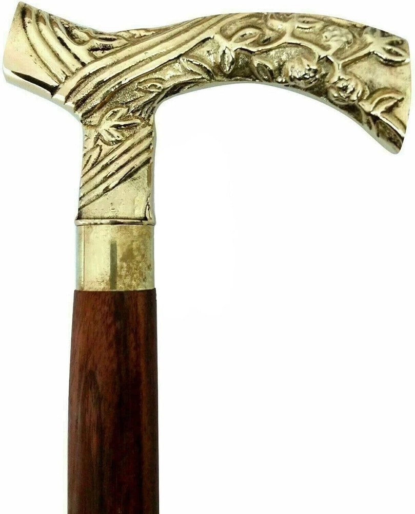 Victorian Solid Brass Engraved Head Handle Handmade Wooden Walking Stick Cane