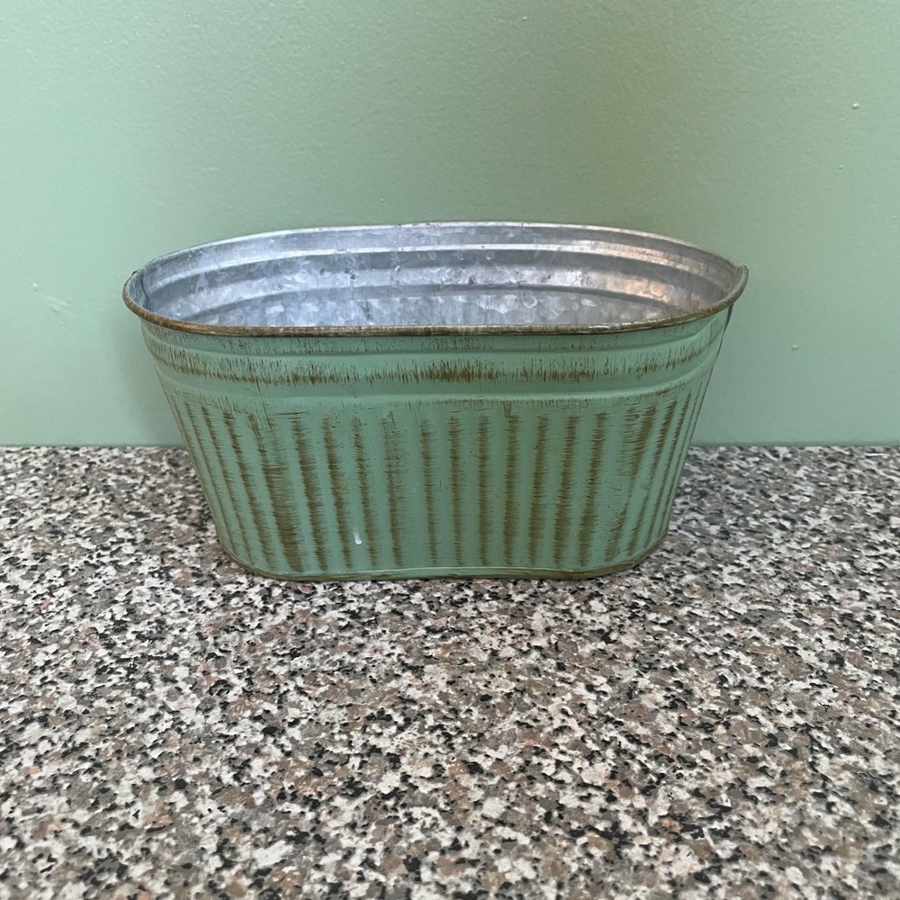 Galvanized Metal Green Oval Planter Or Storage Tin