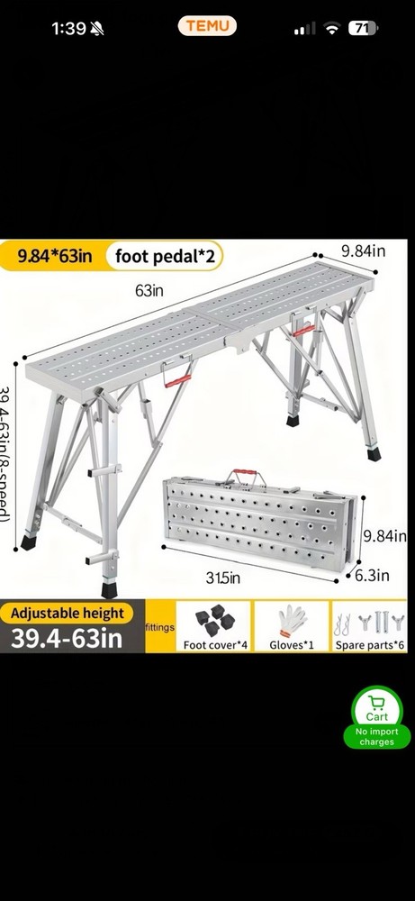 63” Portable Folding Scaffolding PlatformWork Bench Scaffold -Adjustable Height
