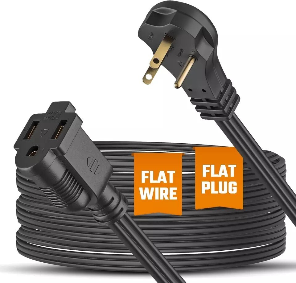 8Ft Flat Extension Cord for Indoor Use 3-Prong Power Cord Space-Saving