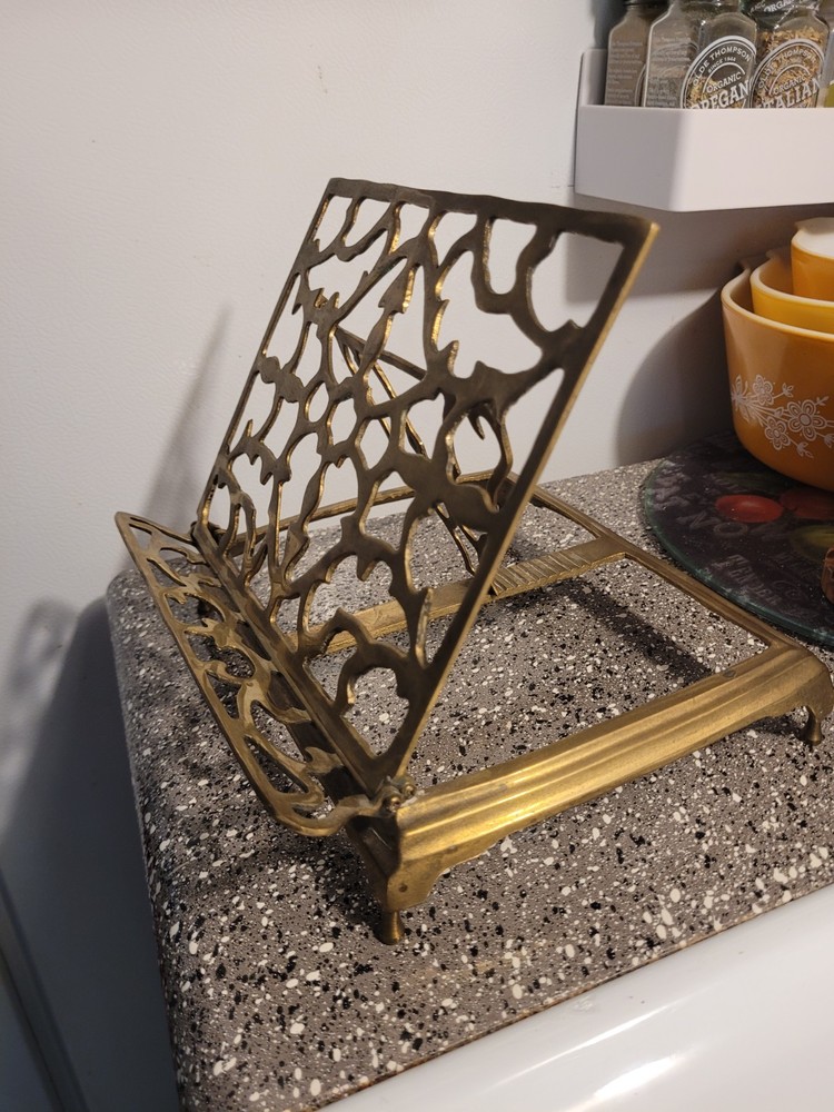 Vintage Ornate Brass Metal Book Stand, Adjustable & Foldable, Rectangular, 9"