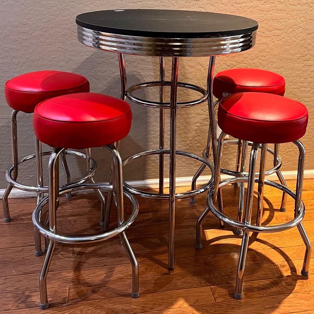 Black & Chrome Bar Table w/4 Red Bar Stools Chairs Set (LOCAL P/U ONLY)
