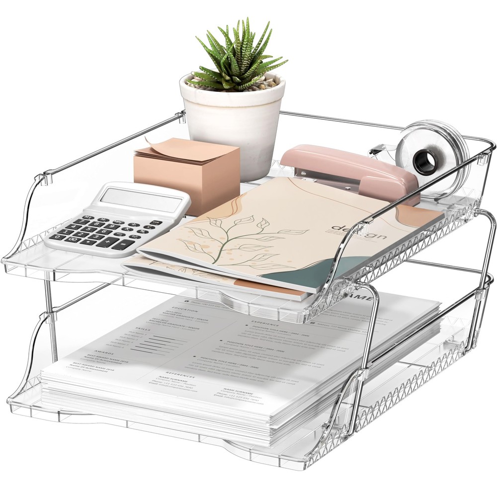 2-Tier Clear Stackable Letter Tray Organizer – Desktop File Holder for A4/Let...