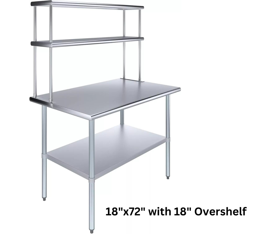 Commercial Stainless Steel Prep Table w/ Double Overshelf for Kitchen Work