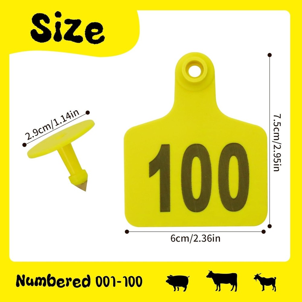 High-Quality Plastic Ear Tags for Cattle and Sheep - 100 Pack, Numbered 001-100