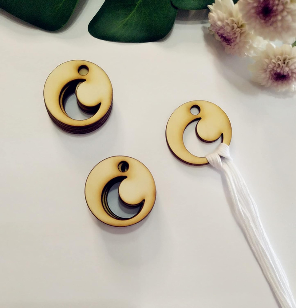 Real Wood Thread Drops, Wooden round Thread Drop with Crescent Moon, Thread Drop