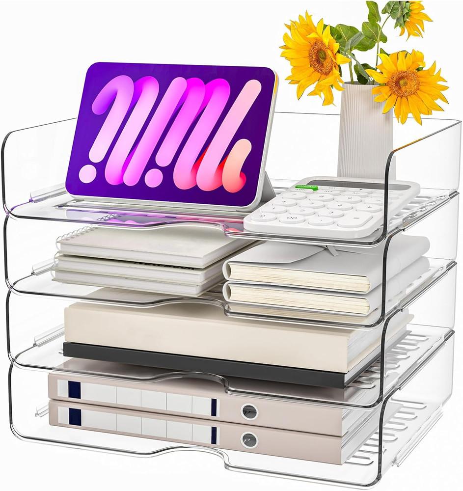 Paper Organizer Letter Tray, 4 Pack Acrylic Stackable Desk File Organizer,Clear