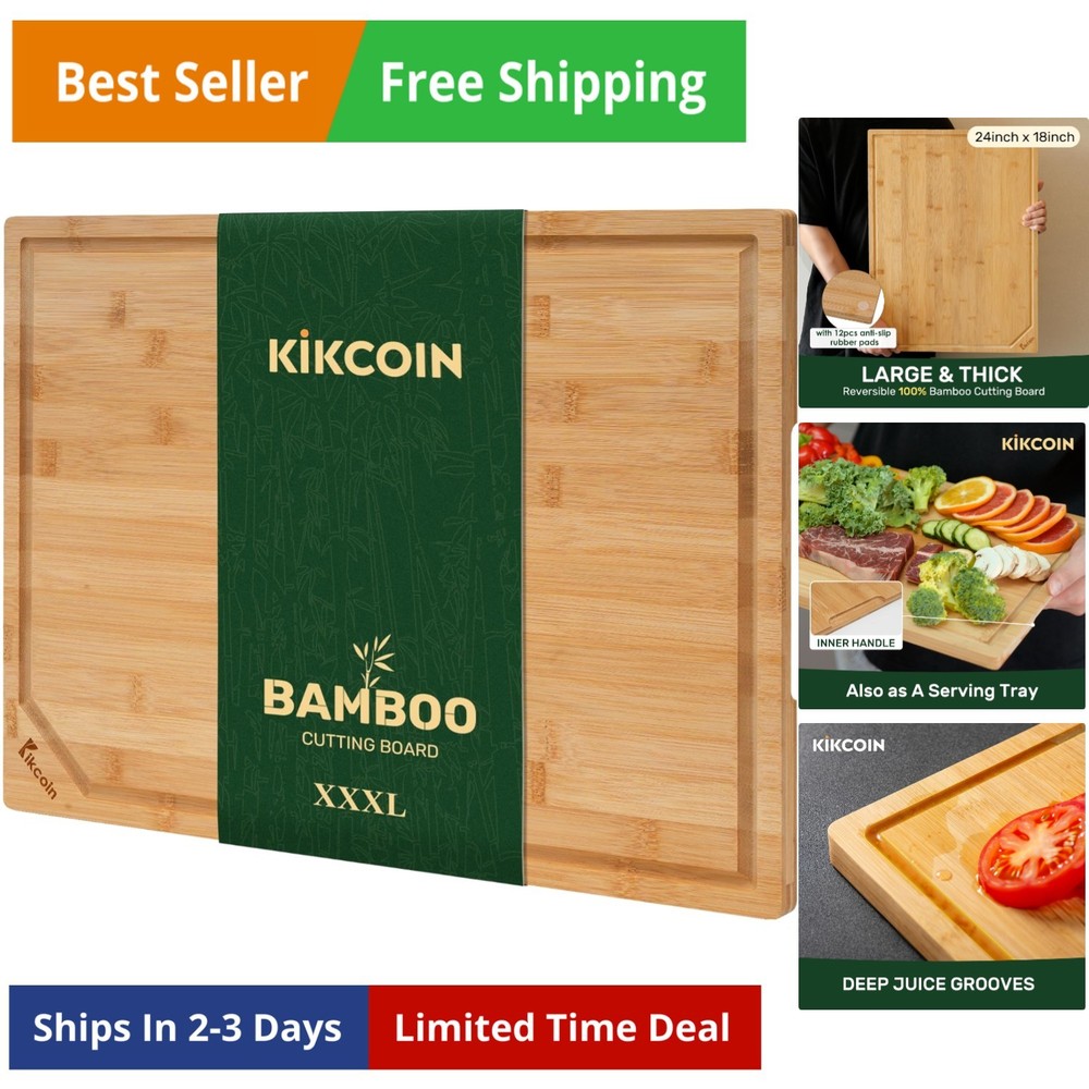 24" Bamboo Cutting Boards for Kitchen, Extra Large Wood Cutting Board with De...