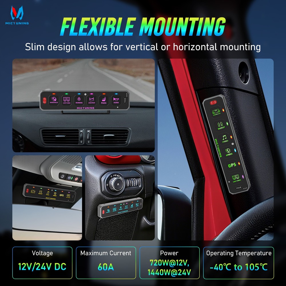 MICTUNING RGB Wireless 6 Gang Switch Panel Toggle Momentary Control System Box