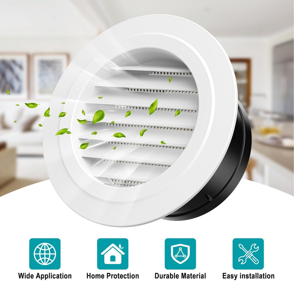 6" Round Air Vent Grille Cover, ABS Louver with Screen Mesh, White Soffit Vent