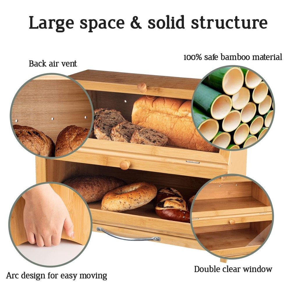 MAISONPEX Double Layer Bamboo Bread Box for Kitchen Countertop, Cutting Board...