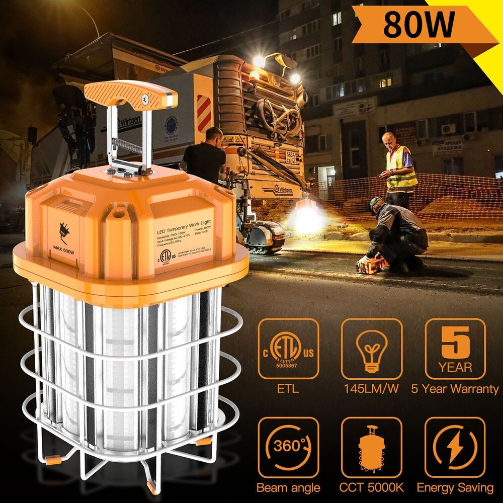 80W LED Temporary Work Light Linkable Hanging Construction Light 5000K 11,600Lm