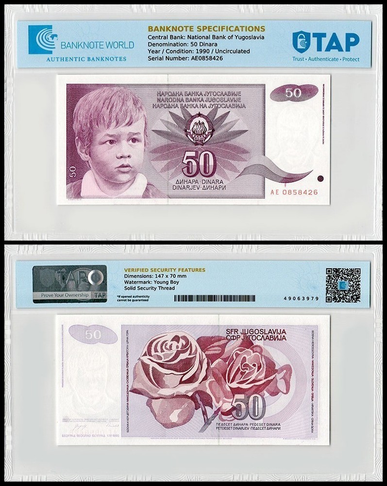Yugoslavia 50 Dinara, 1990, P-104, UNC, TAP Authenticated